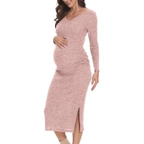 V Neck Side Ruch Knit Ribbed Maternity Bodycon Dress，Maternity Dress for Baby Shower