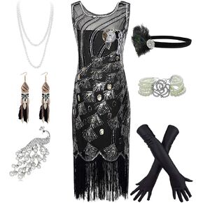 YENMILL 1920s Vintage Peacock Sequin Fringed Party Flapper Dress w 20s Accessories set