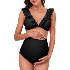 Summer Mae Maternity High Waist Swimsuit Two Piece Ruffle Bikini Bathing Suit Floral V-Neck Pregnancy Swimwear