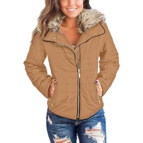 Vetinee Women Casual Faux Fur Lapel Zip Pockets Quilted Parka Jacket Puffer Coat in Kuwait