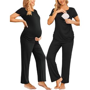 Ekouaer Women Maternity Nursing Pajama Set Breastfeeding Sleepwear Set Short Sleeve Top & Pants Postpartum Pajamas