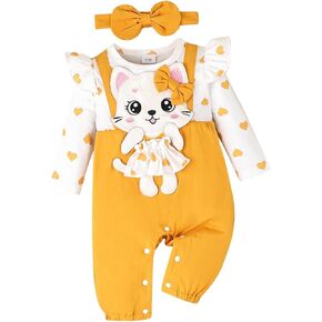 Baby Girl Clothes Newborn Romper Cute Cat Ruffled Long Sleeve Love Fall Winter Outfits with Bow Headband 0-18 Months