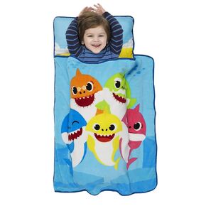 Baby Shark Toddler Nap Mat - Includes Removable Pillow and Plush Blanket – Great for Boys and Girls Napping at Daycare, Preschool, Or Kindergarten - Fits Sleeping Toddlers and Young Children, Blue