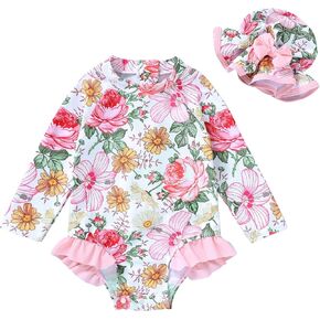 Infant Baby Girl Swimsuit One-Piece Long Sleeve Rash Guard with Hat Set Floral Zipper Bathing Suit Leopard Beach Wear in Kuwait
