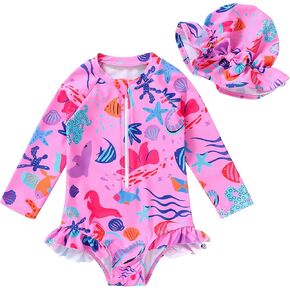 Infant Baby Girl Swimsuit One-Piece Long Sleeve Rash Guard with Hat Set Floral Zipper Bathing Suit Leopard Beach Wear