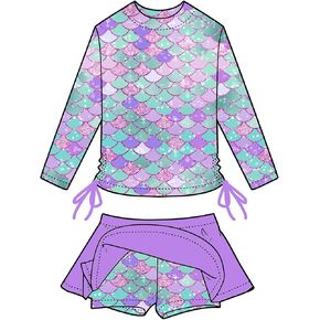 Funnycokid Girls Rash Guard Bathing Suit Long Sleeve Swimsuit 2 Pieces Swimming Skirt with Shorts Swimwear 3-12T