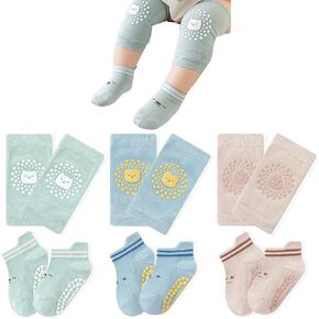 Baby Knee Pads for Crawling (3 Pairs) and Baby Socks for Walking (3 Pairs), Walking Protector For Toddler Girl Boy 1-3