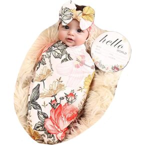 Galabloomer Receiving Blanket Headband Set Flower Print Baby Swaddle Receiving Blankets… (Navy Blue Rose)
