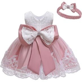 LZH Baby Girls Ruffle Lace Backless with Headwear,Bowknot Flower Dresses Pageant Party Wedding