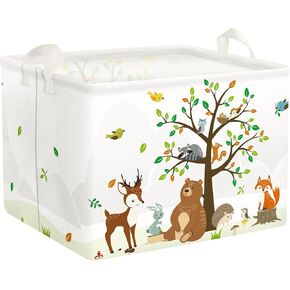 Clastyle Woodland Animals Bear Fox Raccoon Tree Baby Gift Storage Basket Large Deer Owl Collapsible Rectangular Shelf Basket Cute Clothes Towel Toy Book Storage Bin for Nursery