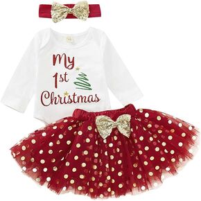 Baby Girl 1st Christmas Outfits Letter Print Romper+Polka Dot Tutu Dress+Headband 3PCS Clothes Set