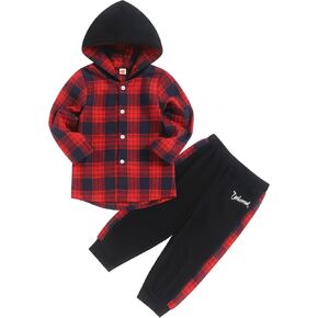 Fuermos Toddler Baby Boys Clothes Flannel Lattice Button Down Hooded Tops +Pants Boys Fall Winter Outfits in Saudi Arabia
