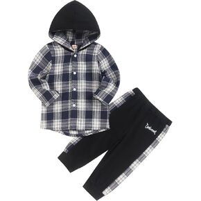 Fuermos Toddler Baby Boys Clothes Flannel Lattice Button Down Hooded Tops +Pants Boys Fall Winter Outfits