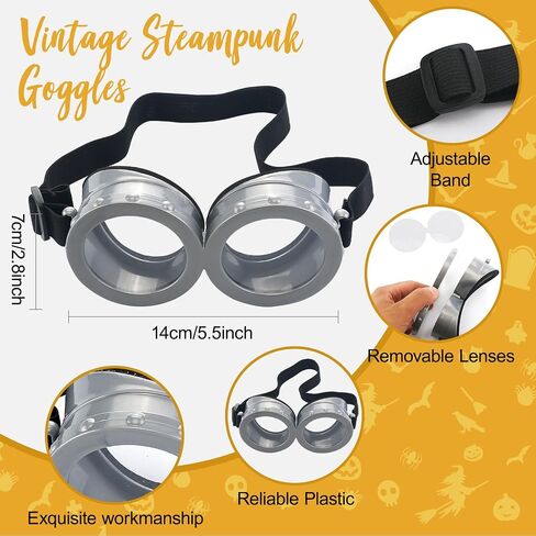 إكسسوارات أزياء الهالوين، نظارات Steampunk، قبعة صغيرة صفراء، وشاح مخطط، قفازات سوداء، مستلزمات تنكرية للبالغين in Saudi Arabia