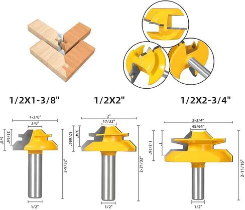45 Degree Lock Miter Router Bit 3-Piece Set, for 31/64", 3/4"，1"，Cutting Height, 1/2 Inch Shank.Woodworking Tools Joint Router Bits 3PCS 1/2 Shank) in Kuwait