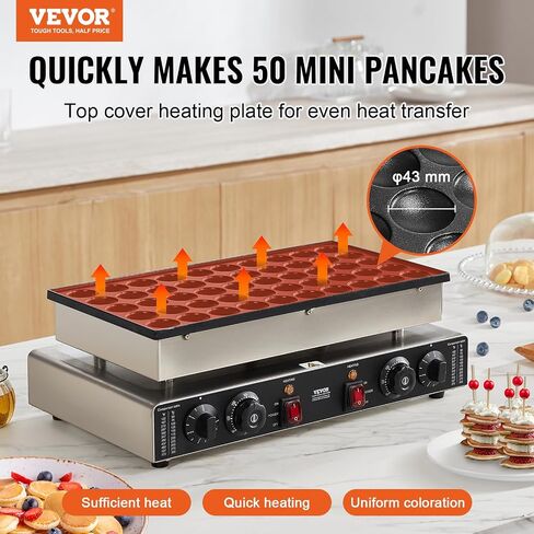 VEVOR 110V Mini Dutch Pancake Baker, 50PCS 1700W Commercial Electric Nonstick Waffle Maker Machine, 1.8 Inches Pancake Maker with 2 Thermostats & 2 Timers Separate Control, for Home and Restaurants in Saudi Arabia