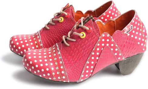 TMA EYES Women's Retro Polka Dot Leather Booties Low Heel Lace Up Women's Ankle Boots in Kuwait