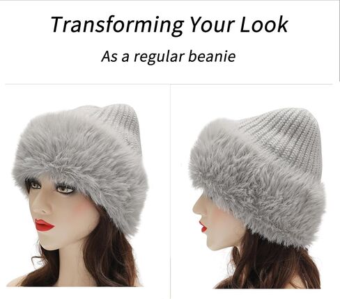 ZLYC Winter Faux Fur Slouchy Beanie Hat for Women Warm Knit Stretch Cuffed Skull Cap in Saudi Arabia