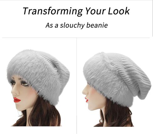 ZLYC Winter Faux Fur Slouchy Beanie Hat for Women Warm Knit Stretch Cuffed Skull Cap in Saudi Arabia