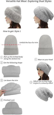 ZLYC Winter Faux Fur Slouchy Beanie Hat for Women Warm Knit Stretch Cuffed Skull Cap in Saudi Arabia