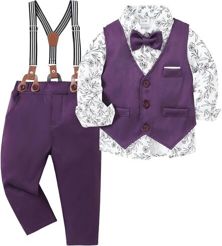 ZOEREA Toddler Boy Suit Formal Wedding Outfits Gentleman Clothes Long Sleeve Shirt + Suspender Pants + Bowtie in Saudi Arabia