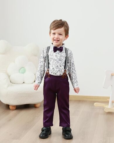ZOEREA Toddler Boy Suit Formal Wedding Outfits Gentleman Clothes Long Sleeve Shirt + Suspender Pants + Bowtie in Saudi Arabia