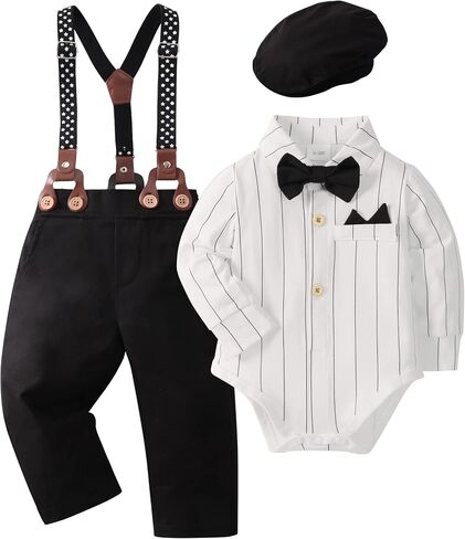 YALLET Baby Boy Clothes Set Infant Tuxedo Long Sleeve Gentleman Suit Outfits + Beret Hat + Suspender Pants + Bowtie 0-18M in Saudi Arabia