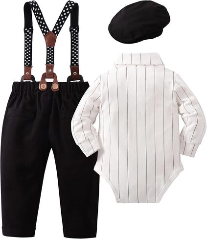 YALLET Baby Boy Clothes Set Infant Tuxedo Long Sleeve Gentleman Suit Outfits + Beret Hat + Suspender Pants + Bowtie 0-18M in Saudi Arabia