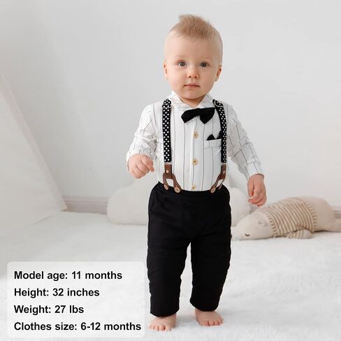 YALLET Baby Boy Clothes Set Infant Tuxedo Long Sleeve Gentleman Suit Outfits + Beret Hat + Suspender Pants + Bowtie 0-18M in Saudi Arabia
