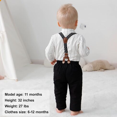 YALLET Baby Boy Clothes Set Infant Tuxedo Long Sleeve Gentleman Suit Outfits + Beret Hat + Suspender Pants + Bowtie 0-18M in Saudi Arabia