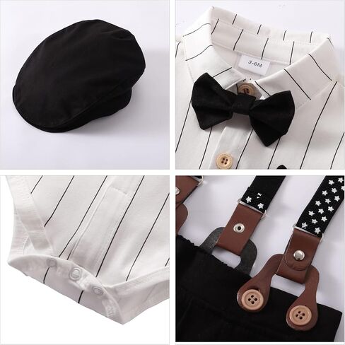 YALLET Baby Boy Clothes Set Infant Tuxedo Long Sleeve Gentleman Suit Outfits + Beret Hat + Suspender Pants + Bowtie 0-18M in Saudi Arabia