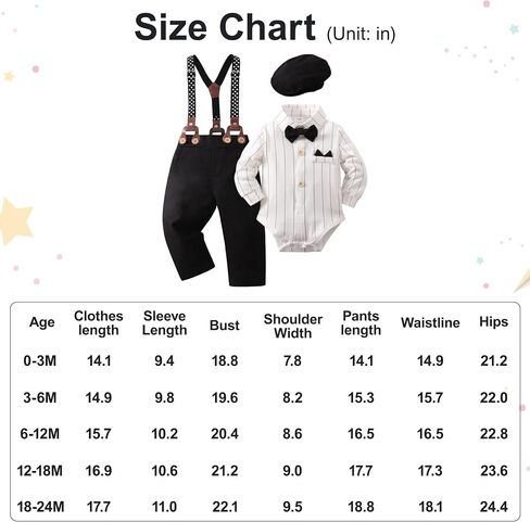 YALLET Baby Boy Clothes Set Infant Tuxedo Long Sleeve Gentleman Suit Outfits + Beret Hat + Suspender Pants + Bowtie 0-18M in Saudi Arabia