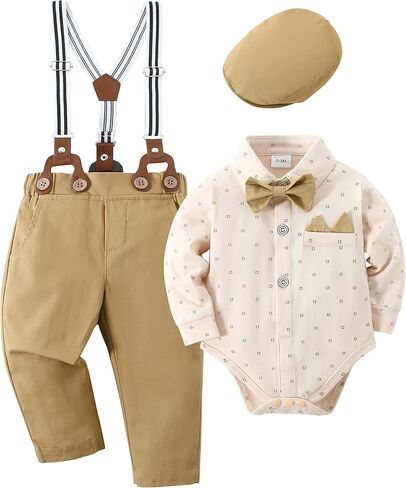 YALLET Baby Boy Clothes Set Infant Tuxedo Long Sleeve Gentleman Suit Outfits + Beret Hat + Suspender Pants + Bowtie 0-18M in Saudi Arabia