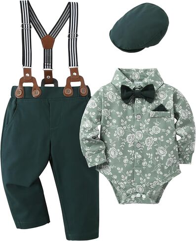 YALLET Baby Boy Clothes Set Infant Tuxedo Long Sleeve Gentleman Suit Outfits + Beret Hat + Suspender Pants + Bowtie 0-18M in Saudi Arabia