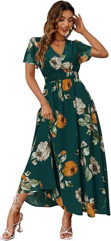 Simplee Women's Boho Floral Maxi Dress Flowy Casual V Neck Short Sleeve Wedding Guest Holiday Beach Long Dress in Kuwait