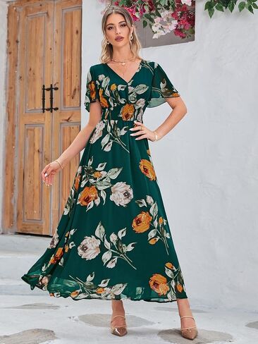 Simplee Women's Boho Floral Maxi Dress Flowy Casual V Neck Short Sleeve Wedding Guest Holiday Beach Long Dress in Kuwait
