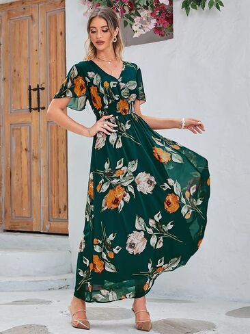 Simplee Women's Boho Floral Maxi Dress Flowy Casual V Neck Short Sleeve Wedding Guest Holiday Beach Long Dress in Kuwait