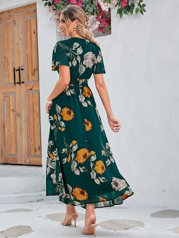 Simplee Women's Boho Floral Maxi Dress Flowy Casual V Neck Short Sleeve Wedding Guest Holiday Beach Long Dress in Kuwait