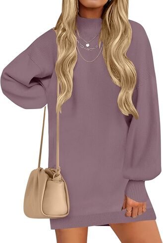 ZESICA Women's 2024 Fall Turtleneck Sweaters Dress Oversized Long Lantern Sleeve Casual Knit Pullover Short Dresses in Saudi Arabia
