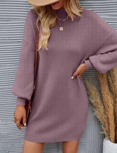 ZESICA Women's 2024 Fall Turtleneck Sweaters Dress Oversized Long Lantern Sleeve Casual Knit Pullover Short Dresses in Saudi Arabia