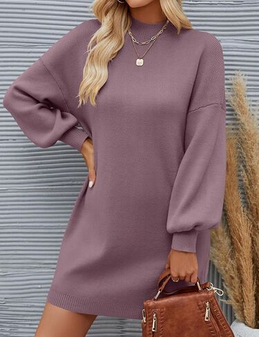 ZESICA Women's 2024 Fall Turtleneck Sweaters Dress Oversized Long Lantern Sleeve Casual Knit Pullover Short Dresses in Saudi Arabia