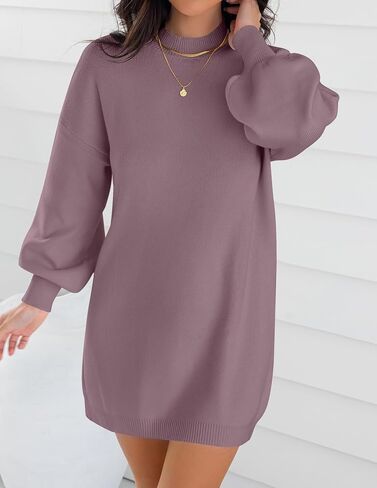 ZESICA Women's 2024 Fall Turtleneck Sweaters Dress Oversized Long Lantern Sleeve Casual Knit Pullover Short Dresses in Saudi Arabia