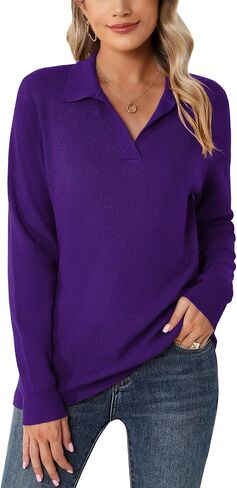 Romanstii Women's Knitted Collared Sweaters Long Sleeve V-Neck Polo Shirts Winter Pullover Tops in Kuwait