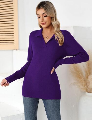 Romanstii Women's Knitted Collared Sweaters Long Sleeve V-Neck Polo Shirts Winter Pullover Tops in Kuwait