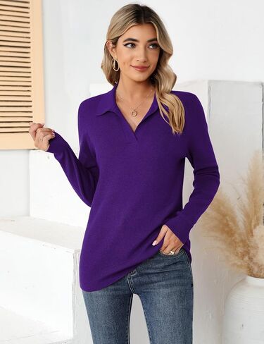 Romanstii Women's Knitted Collared Sweaters Long Sleeve V-Neck Polo Shirts Winter Pullover Tops in Kuwait