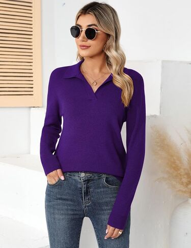 Romanstii Women's Knitted Collared Sweaters Long Sleeve V-Neck Polo Shirts Winter Pullover Tops in Kuwait