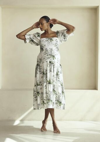 لا شيء يناسب ولكن فستان حمل نسائي من القطن والكتان كيكو، فستان حمل طويل كاجوال مزين بالزهور لحفلات استقبال المولود الجديد in Kuwait