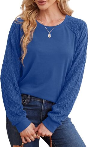 Saloogoe Sweatshirts for Women Crewneck Cable Knit Sleeve Sweaters Lightweight Fashion 2025 in Saudi Arabia