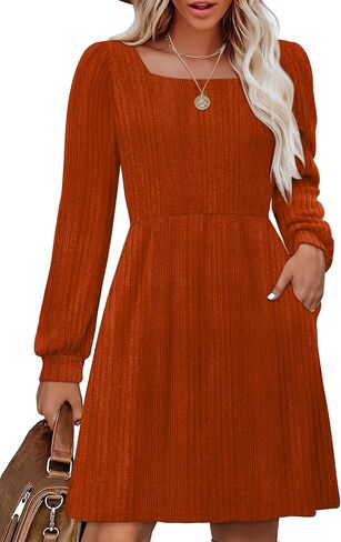 OFEEFAN Womens Knit Sweater Dress with Pockets Square Neck Long Sleeve Dresses in Kuwait
