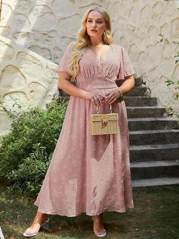 Simplee Women's Boho Floral Maxi Dress Flowy Casual V Neck Short Sleeve Wedding Guest Holiday Beach Long Dress in Kuwait